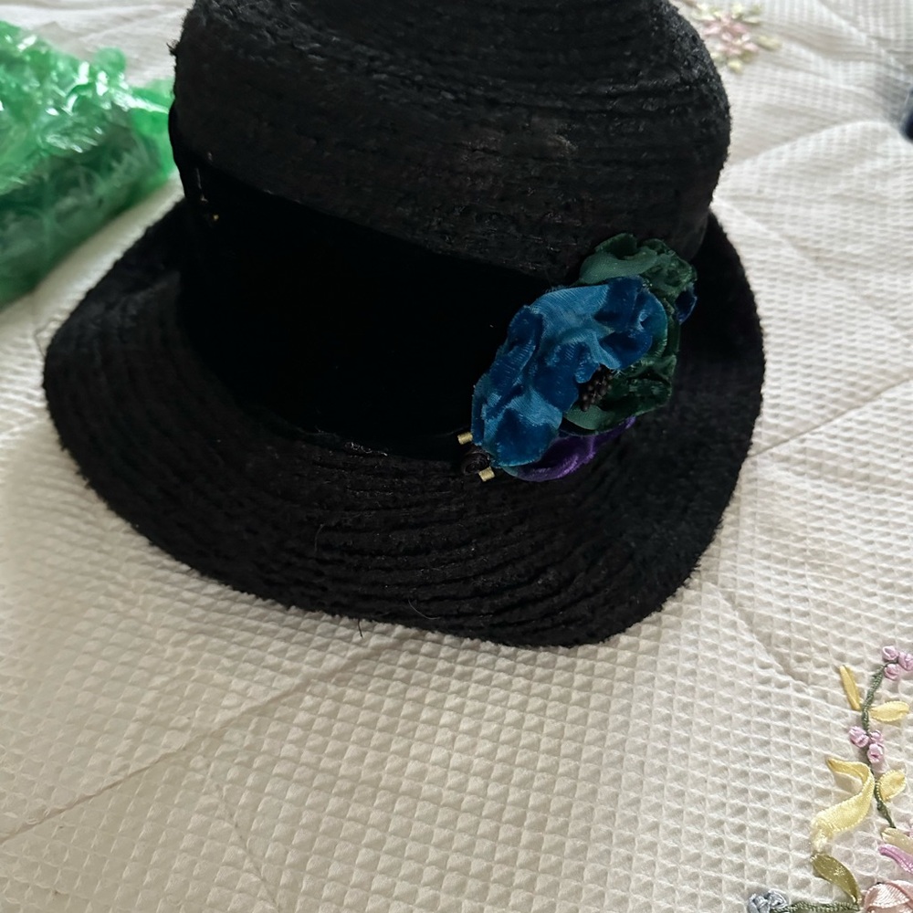 Dagne Dover Black Bucket Hat with Blue Feather Accent